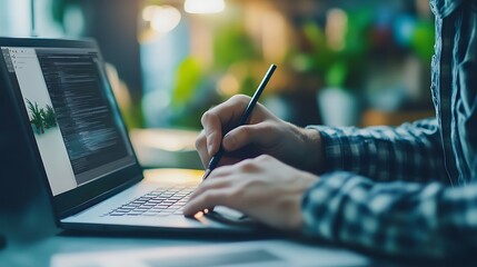 Person coding and designing 3D model on laptop.