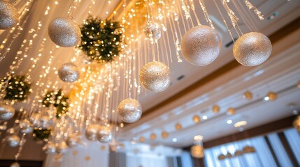 Aufkleber - Festively decorated ceiling with shimmering silver baubles and bright lights creating a magical atmosphere : Generative AI