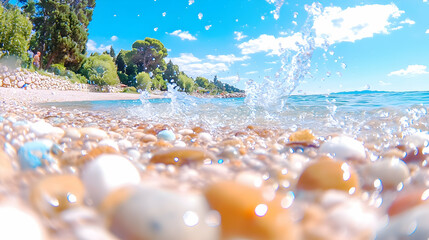 Wall Mural - Water splashes onto rocks on a sunny beach near green vegetation. Travel image