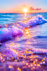 Wall Mural - waves roll on beach as sun sets, creating golden reflections. serene wallpaper