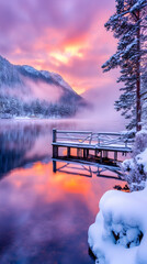 Wall Mural - Winter sunrise at snow covered lake with pier surrounded by mountains