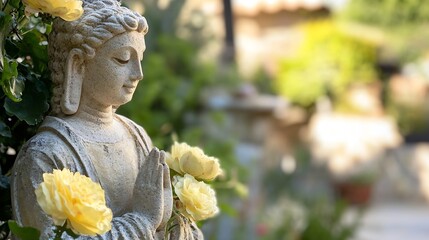 Aufkleber - Graceful stone statue of Buddha surrounded by delicate flowers capturing serene tranquility in a garden setting : Generative AI