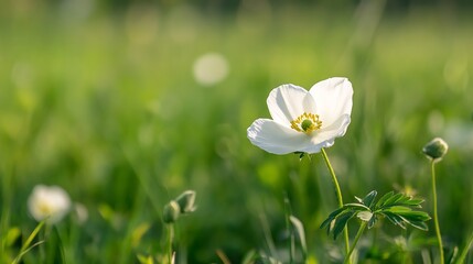 Poster - Delicate white flower blooming in a sunlit grassy field surrounded by vibrant green foliage : Generative AI