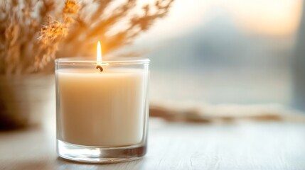 Aufkleber - Warm candle flickering in a glass holder creating a cozy ambiance in a softly lit room : Generative AI
