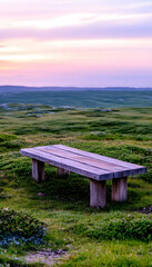 Wall Mural - Wooden bench rests on hill during sunset. Serene, outdoor relaxation concept