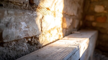 Poster - Sunlight illuminating rustic wooden beam against a backdrop of rough textured stone wall : Generative AI