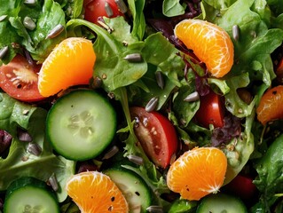 Wall Mural - Bright, fresh salad with orange slices, tomatoes, cucumbers and lettuce in a bowl.