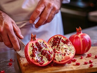 Wall Mural - A chef preparing pomegranates with raspberries and pears.