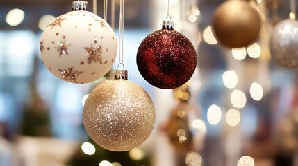 Aufkleber - Beautifully decorated Christmas ornaments hanging elegantly with soft bokeh lights in the background : Generative AI