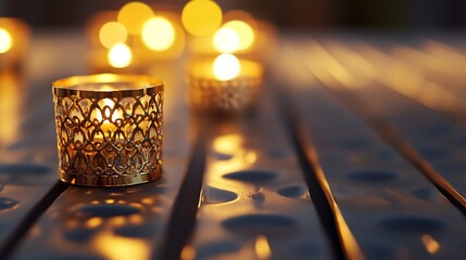 Leinwandbilder - Warm golden candle lights scattered on wooden table creating a tranquil and cozy atmosphere : Generative AI