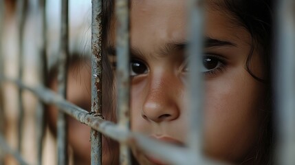 Poster - Emotional closeup of a young girl staring through a rusty cage highlighting innocence and hope : Generative AI