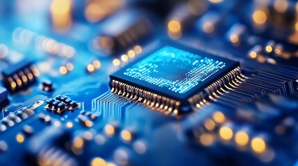 Aufkleber - Detailed microchip on a circuit board glowing with blue light representing advanced technology : Generative AI