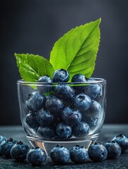 Sticker - A close-up of fresh blueberries and a sprig of mint in a clear glass bowl, set against a dark background.