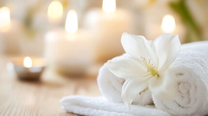 Aufkleber - Beautiful white lily on soft towels surrounded by flickering candles enhancing a luxurious spa experience : Generative AI