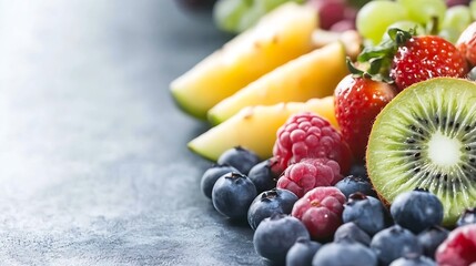 Aufkleber - Vibrant assortment of fresh fruits including berries kiwi and melon presented beautifully on a stone surface : Generative AI