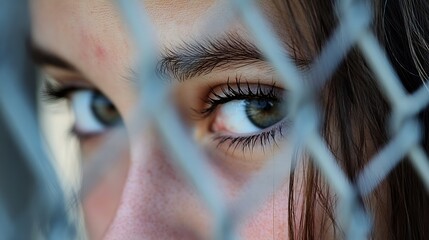 Poster - Close Up Portrait of a Young Girl's Eyes Through a Wire Fence Captivating and Introspective Moment : Generative AI