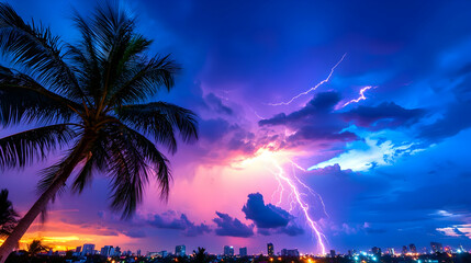 dramatic lightning storm over city skyline at sunset with palm tree silhouette