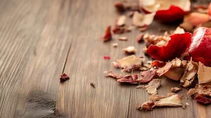 Poster - CloseUp of Freshly Sliced Apple Peels and Chunks on Rustic Wooden Surface with Textured Details : Generative AI