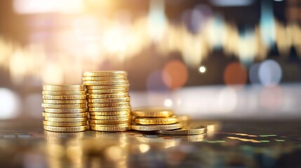 Poster - Stacks of Gold Coins on a Table with Blurred Background Indicating Wealth and Investment : Generative AI