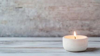 Poster - Simple white candle glowing softly on rustic wooden table inviting calm and relaxation : Generative AI