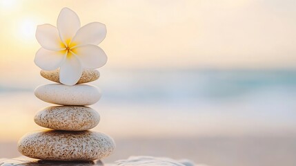 Aufkleber - Beautifully arranged stones stacked with a delicate white flower set against a serene beach backdrop : Generative AI