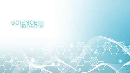 Wall Mural - modern science background with lines, dots and hexagons. wave flow abstract background. molecular st