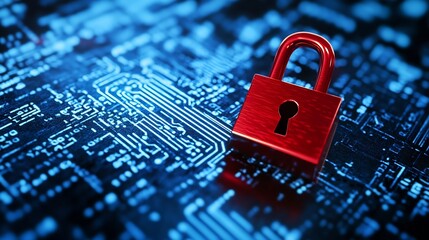 Leinwandbilder - Close up of a red padlock representing digital security on a blue technology background : Generative AI