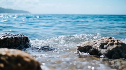 Poster - Calm sea view with gentle waves rolling over rocky shore reflecting sunlight in a peaceful setting : Generative AI