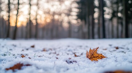 Poster - Autumn Leaf on Snowy Ground Highlighting Transition from Fall to Winter in a Beautiful Forest : Generative AI