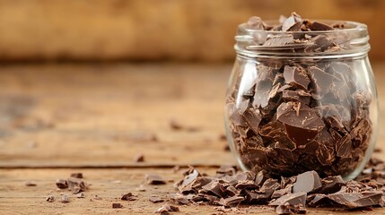 Poster - Glass jar filled with rich chocolate pieces and scattered chocolate bits on a rustic wooden table : Generative AI