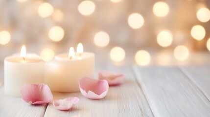 Poster - Soft glowing candles surrounded by delicate rose petals on a wooden table creating a calming atmosphere : Generative AI