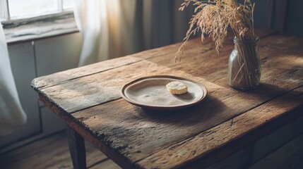 A rustic wooden table with warm tones and textures, creating a cozy and homely backdrop for food photography or lifestyle content, evoking a sense of comfort and nostalgia.