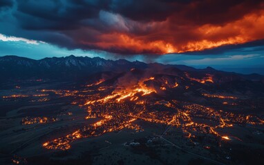 Canvas Print - A dramatic aerial shot of a wildfire spreading over mountains