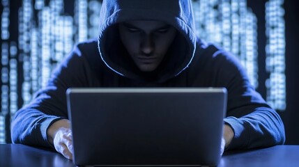 Aufkleber - Mysterious hooded figure working on a laptop in a dark room illuminated by glowing digital data : Generative AI