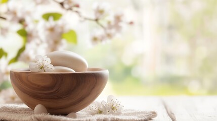 Aufkleber - Natural spa scene with smooth pebbles and delicate flowers creating a serene and calming atmosphere : Generative AI