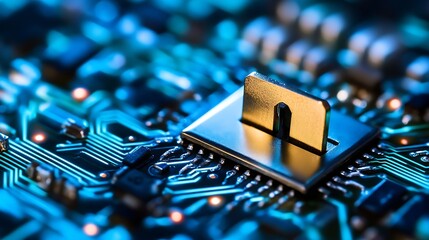 Aufkleber - Closeup view of a metallic chip on a circuit board representing advanced technology and innovation : Generative AI