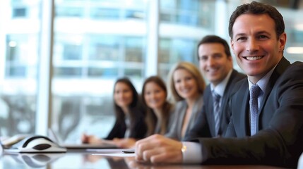 Fototapete - Professional group of smiling business people in a modern conference room setting engaging in discussion : Generative AI