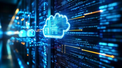 Fototapete - Futuristic digital cloud technology with bright blue lines and data connections for network solutions : Generative AI
