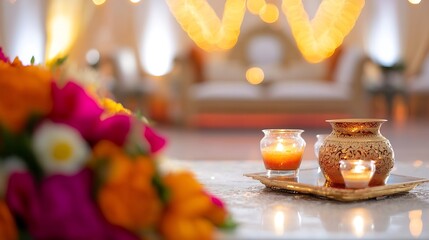 Poster - Warm ambient setup with candles and flowers creating an inviting and cozy atmosphere for celebration : Generative AI