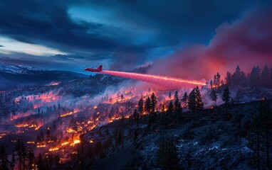 Canvas Print - A plane dropping fire retardant over a burning landscape