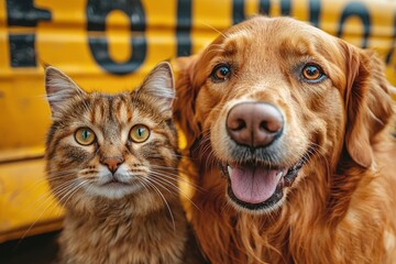 A golden retriever dog paired with a cat on a yellow background