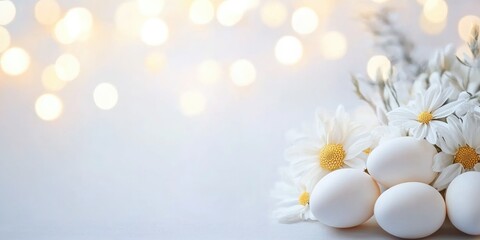 Wall Mural - easter celebration concept with daisies and eggs against abstract bokeh background for holiday desig
