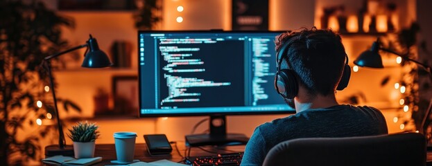 Coder works late, night home office, code screen, cozy background