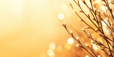 Wall Mural - tranquil abstract background with willow branches on a warm golden glow featuring sunlit bokeh for n
