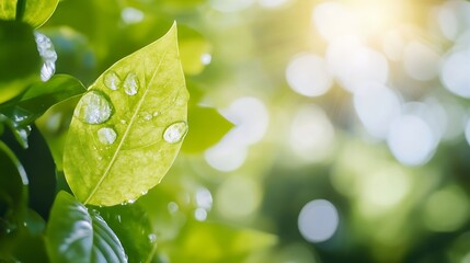 Poster - Close up of a vibrant green leaf with water droplets illuminated by sunlight : Generative AI