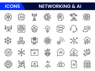 Artificial intelligence set of web icons in line style. AI technology icons for web and mobile app. Machine learning, digital AI technology, algorithm, smart robotic, cloud computing network