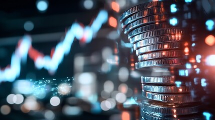 Aufkleber - Abstract representation of financial growth with coins and vibrant light effects illustrating economy : Generative AI