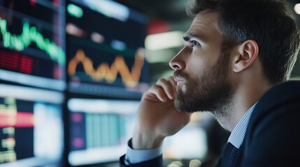 Fototapete - Focused male professional analyzing financial data on multiple computer screens in a modern office : Generative AI