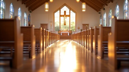 Poster - Interior view of a peaceful church with sunlight streaming through stained glass windows and illuminating the altar : Generative AI