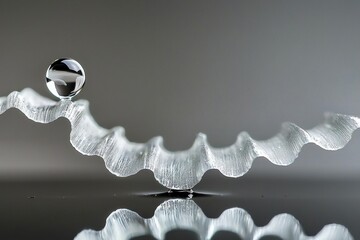 A macro shot of a water droplet perched on a wavy, reflective surface, highlighting abstract reflections and delicate textures against a soft gray gradient backdrop.